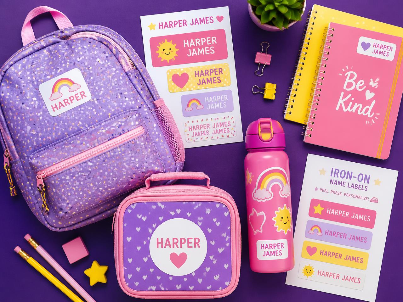 Mochila, lonchera, cilindro y etiquetas escolares personalizadas de Elinos
